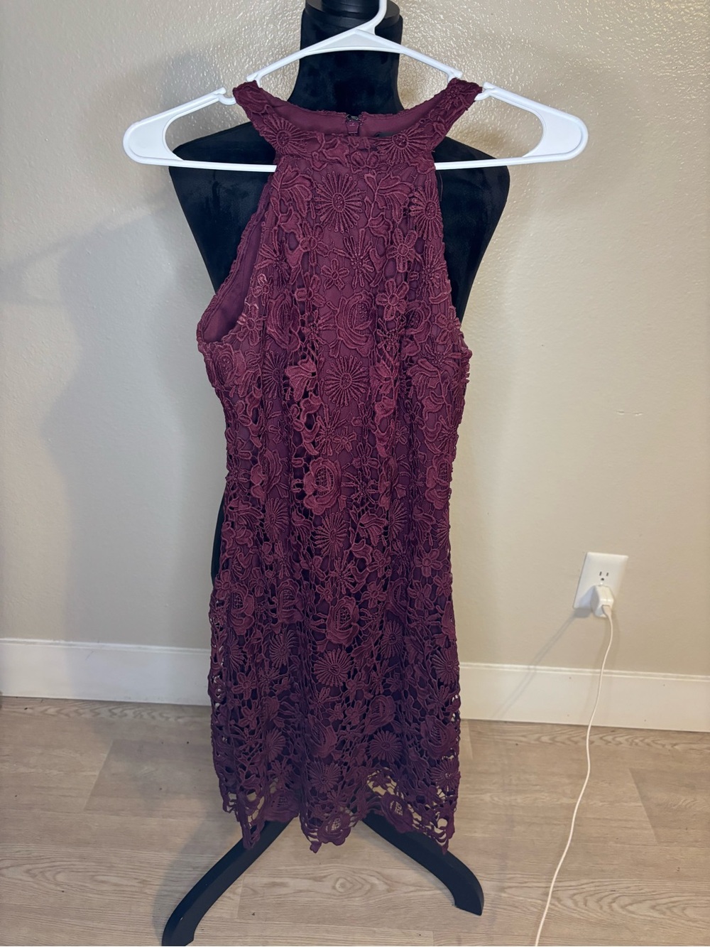 Lulu's Wine Burgundy Floral Lace Halter Mini Dress Size XS